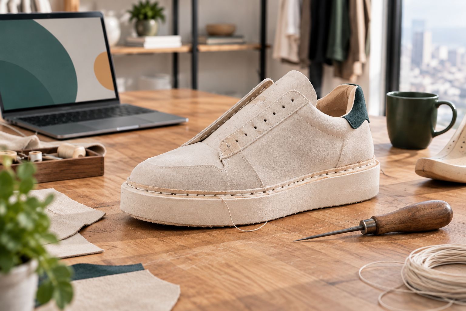 Handcrafted platform sneaker under construction on a workbench