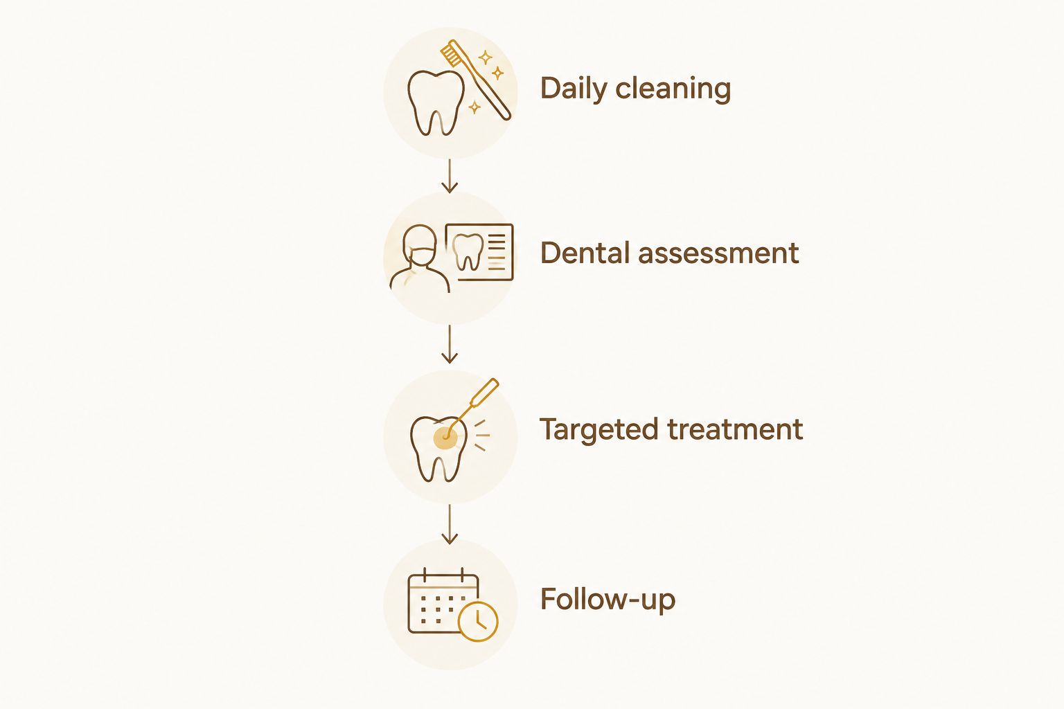 Four stages from daily cleaning to assessment, targeted treatment, and follow-up