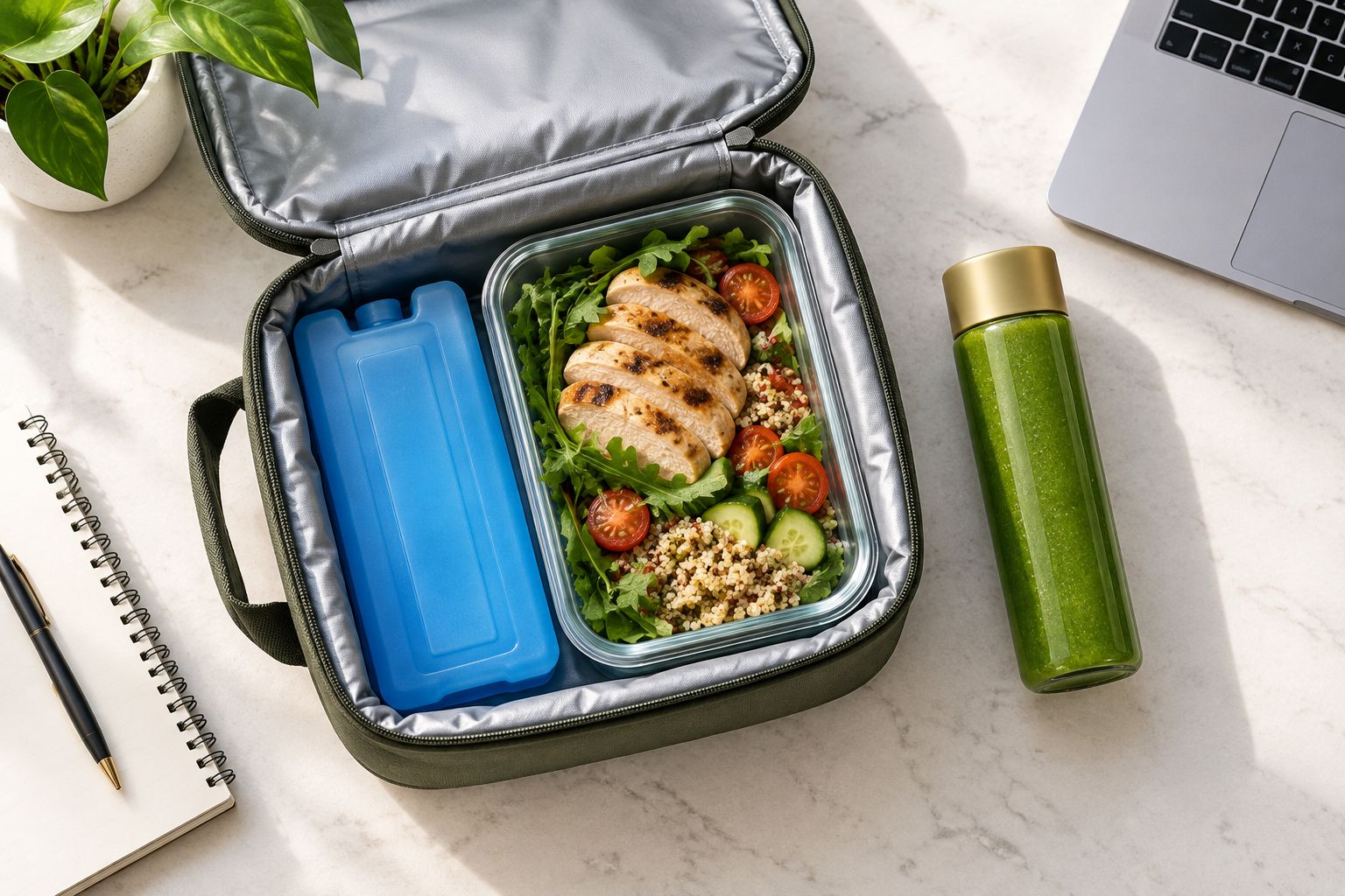 An insulated lunch bag holding a juice bottle, a cold pack and a packed lunch.