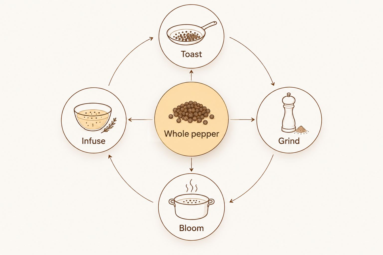 Whole pepper at the center of four cooking methods: toast, grind, bloom, and infuse.