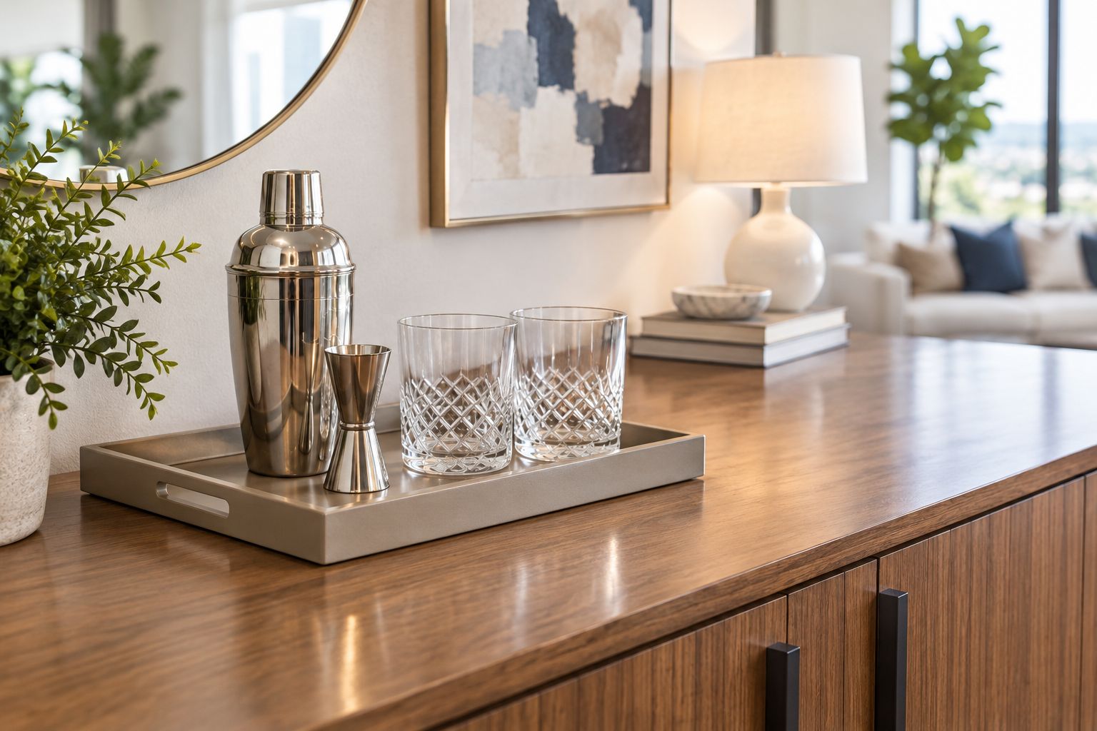 A tray with matching rocks glasses and cocktail tools beside clear sideboard space