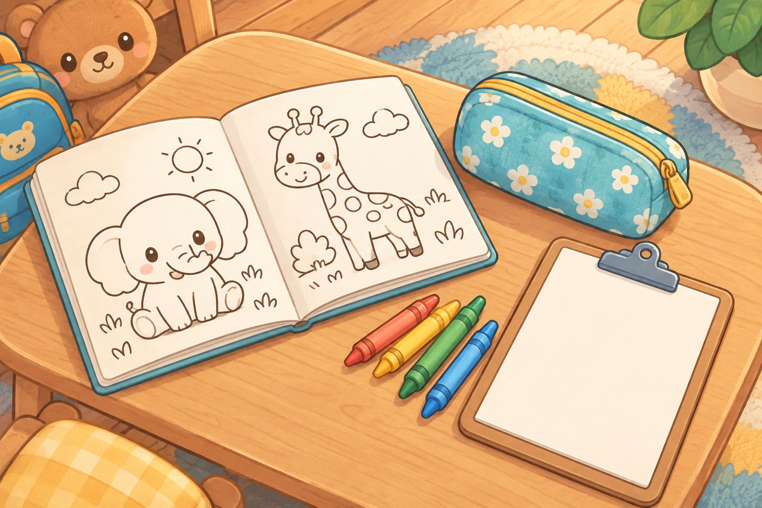 A small activity setup with an animal coloring page, crayons, a pouch, and firm backing