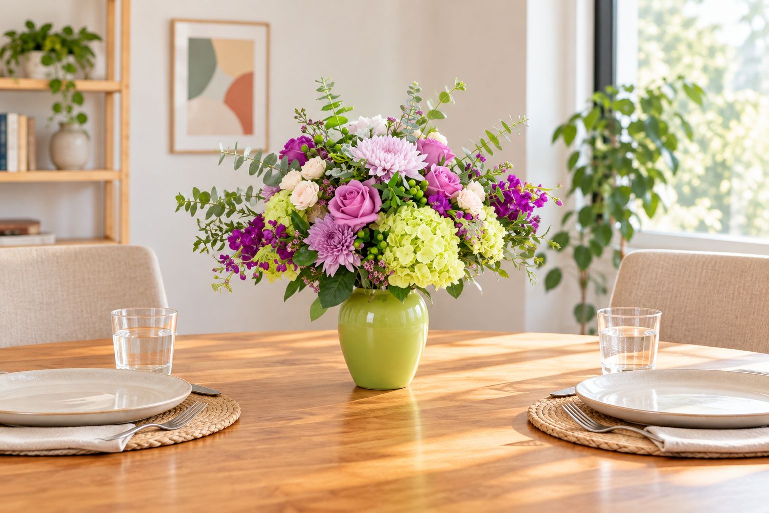 A mixed-flower vase arrangement on a dining table with room for two place settings