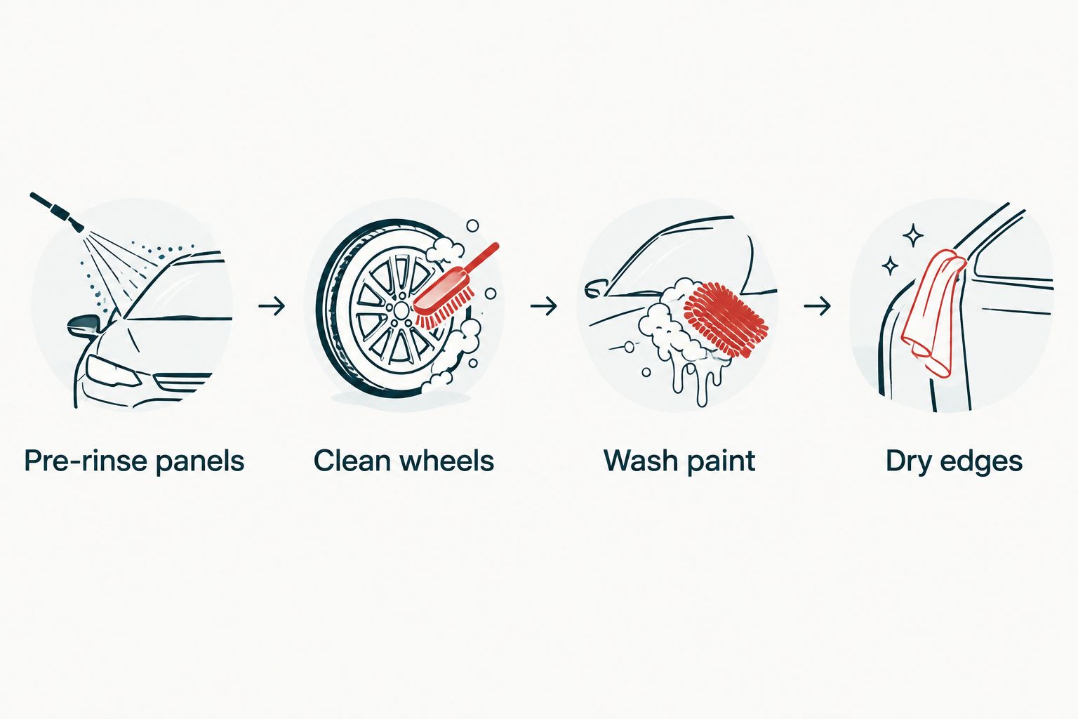 Fleet wash sequence from pre-rinsing panels through cleaning wheels and drying edges