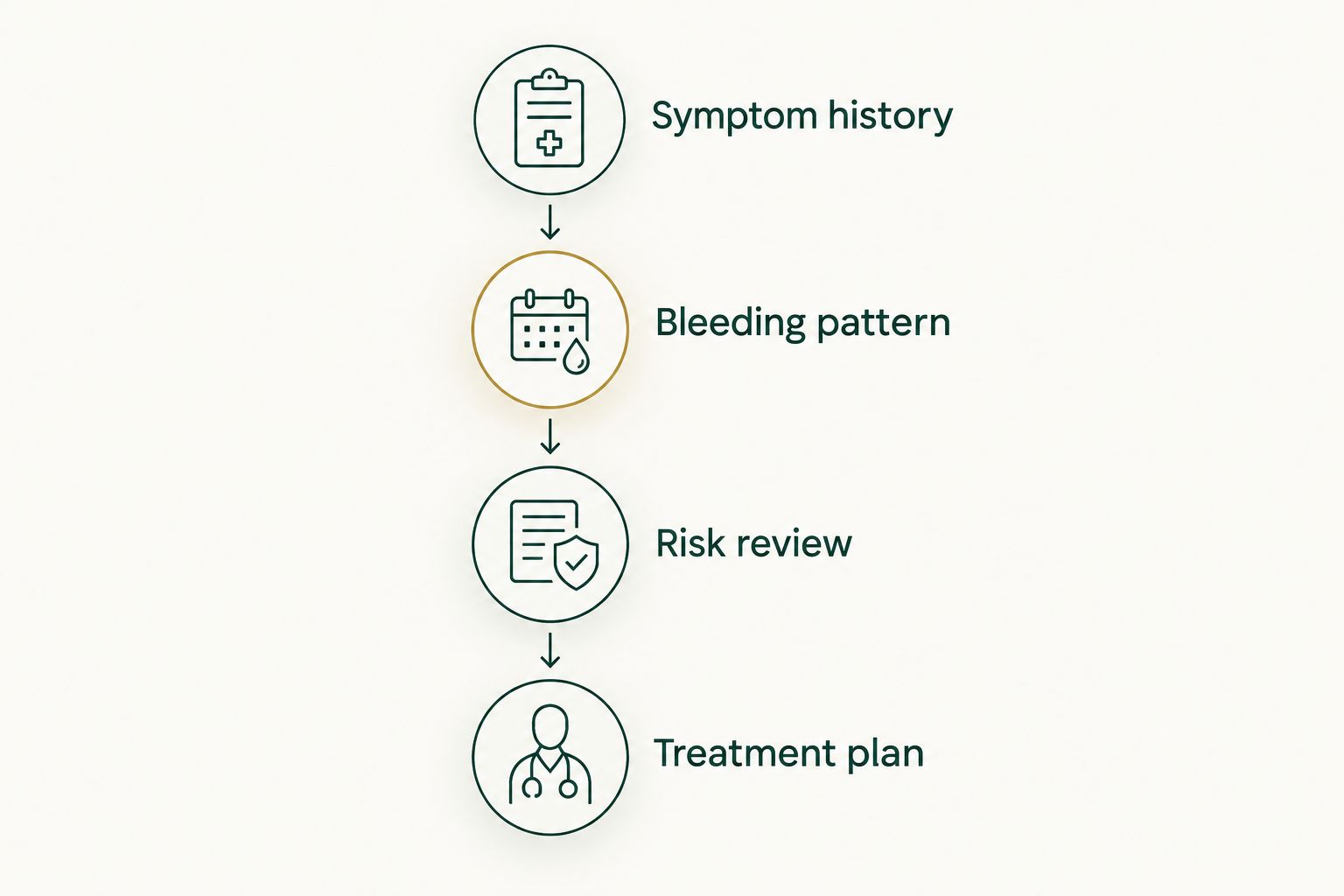 Four parts of a perimenopause assessment, from symptom history to treatment planning