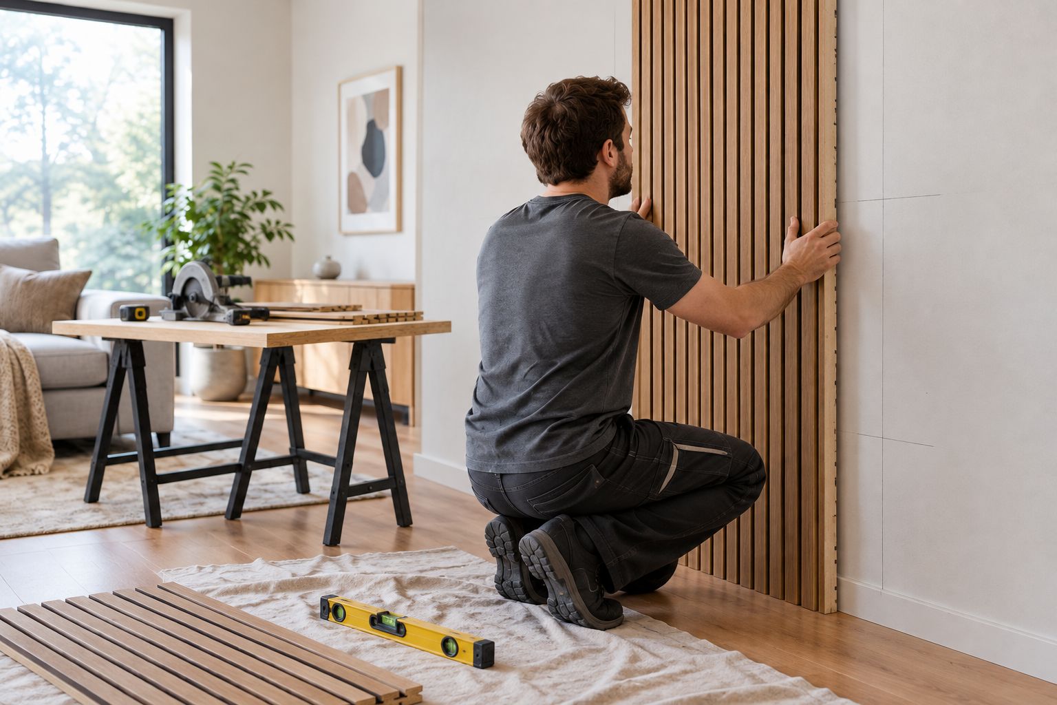 Homeowner checking a slat panel’s alignment and exposed edge before attachment
