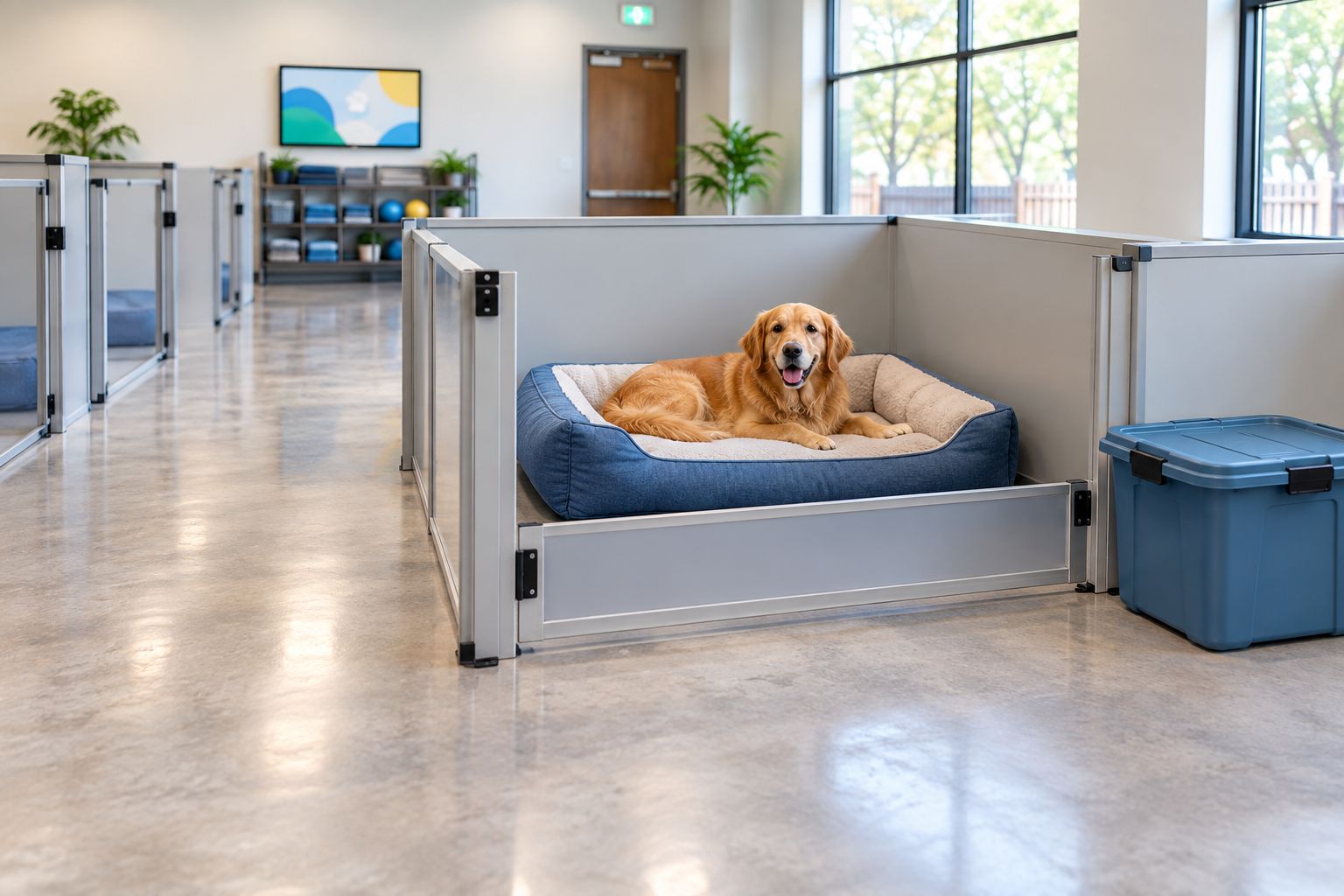 A dog resting on a bed with clear floor space and belongings stored outside the enclosure