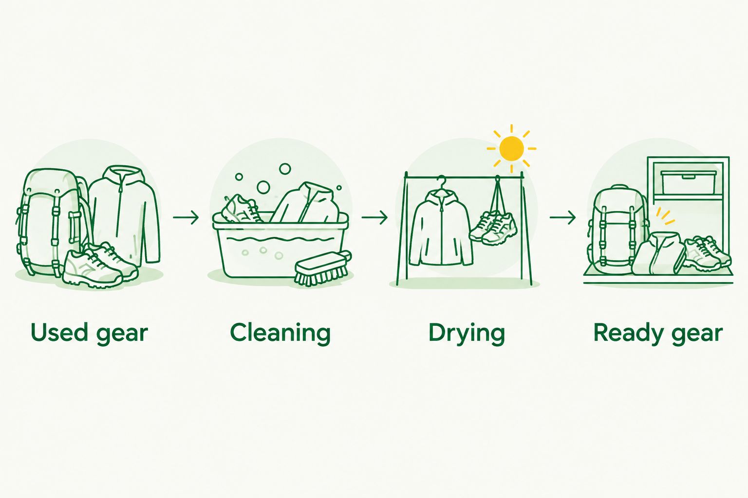 Four stages separating used equipment from cleaned, dried gear ready for service