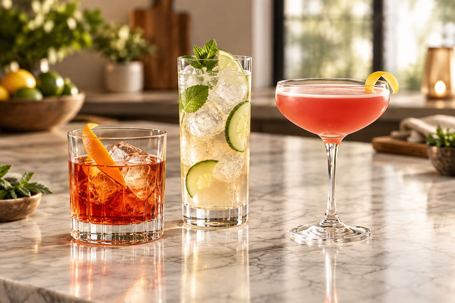 Rocks, highball, and coupe glasses showing different cocktail serving styles
