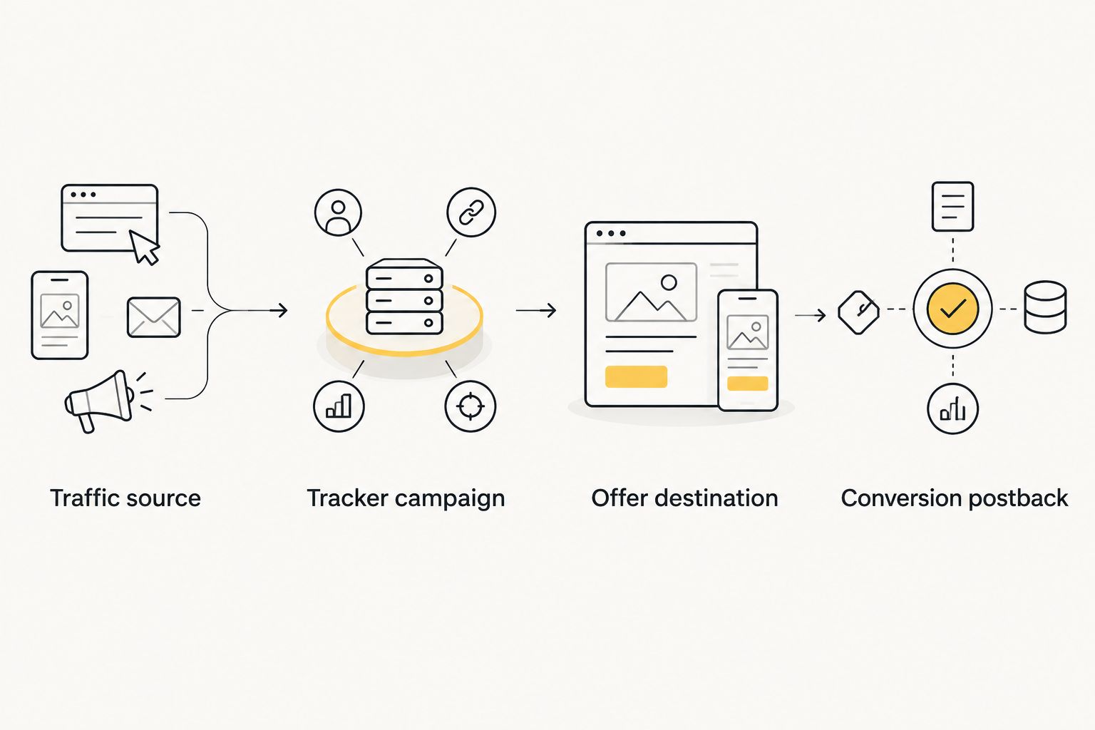 Tracking sequence from the traffic source through the campaign and offer to the conversion postback