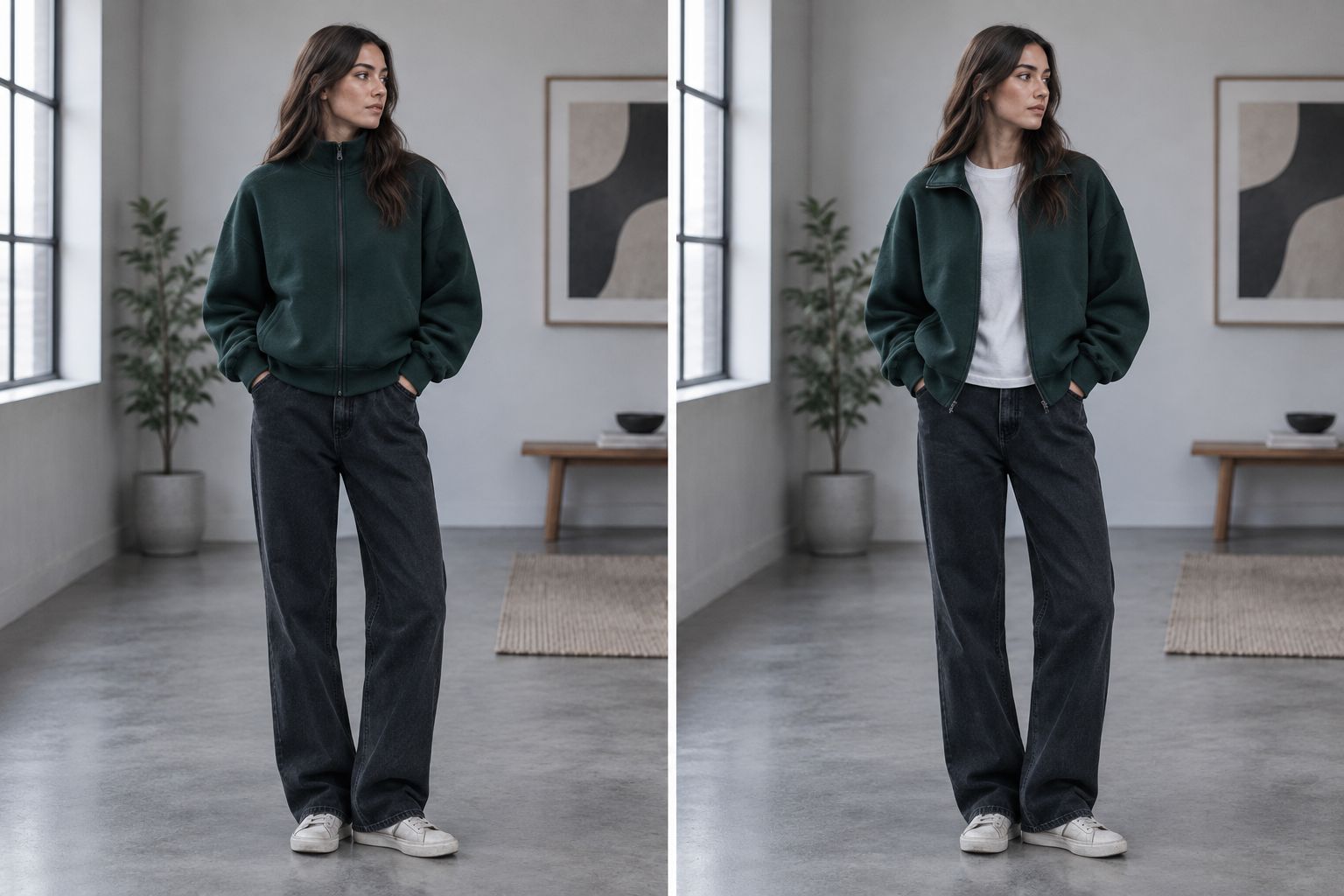 Closed and open zip sweatshirt outfits showing front drape and the visible tee underneath