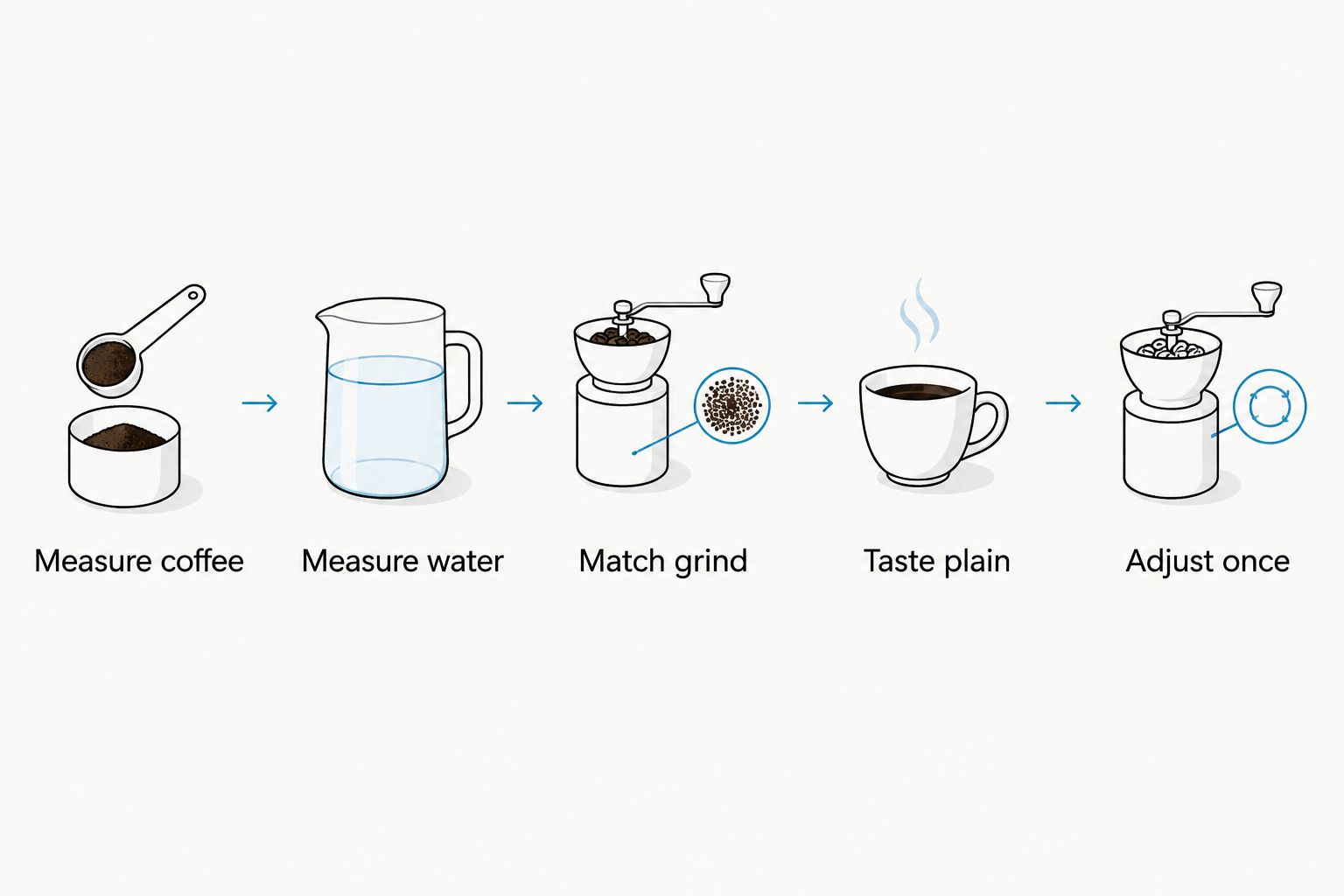 Five steps for preparing and adjusting a repeatable cup of plain coffee