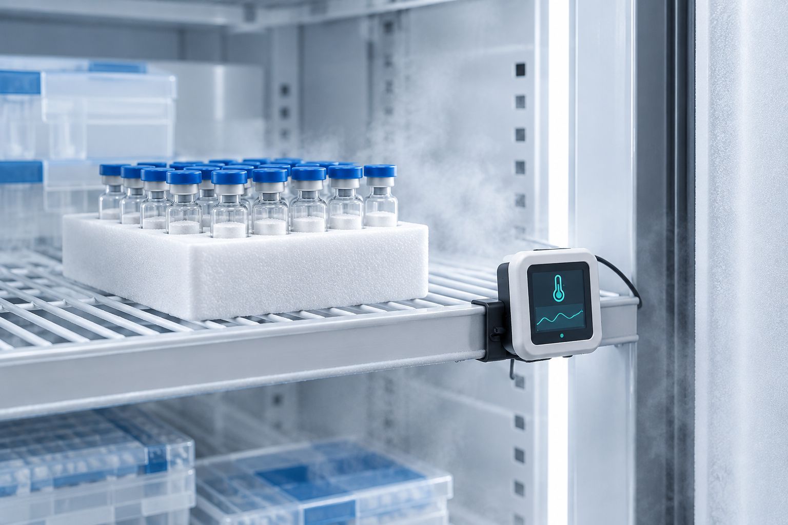 Laboratory freezer with peptide storage rack and a digital temperature logger
