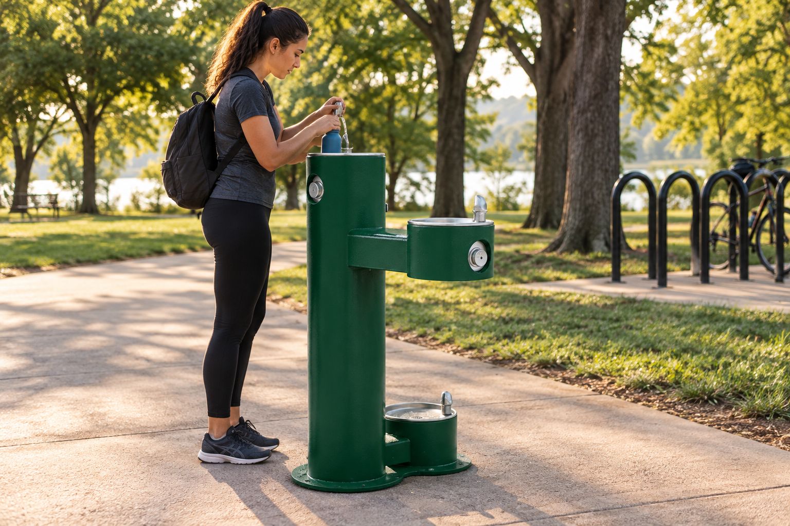 Outdoor freeze-resistant bi-level drinking fountain installed on a park path