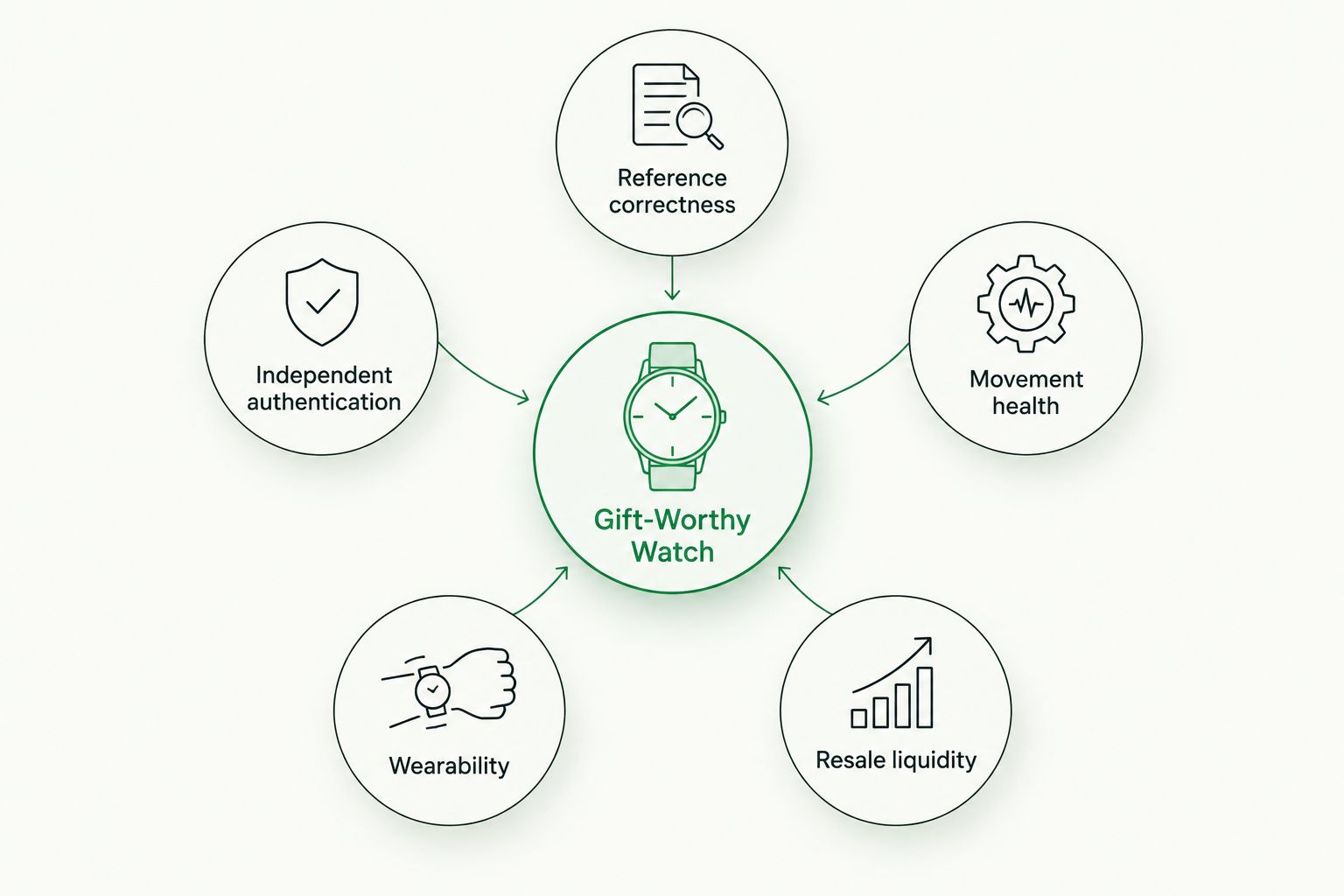 Diagram of five criteria orbiting a central gift-worthy watch concept