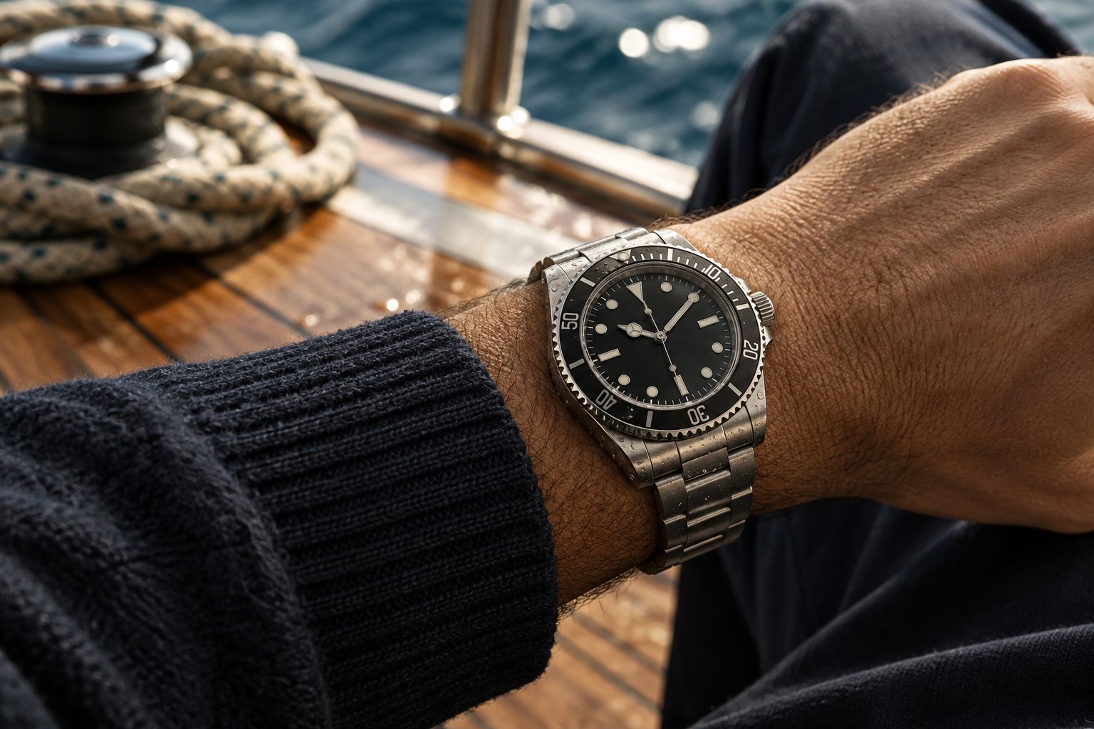 Steel dive watch worn on a wrist near water