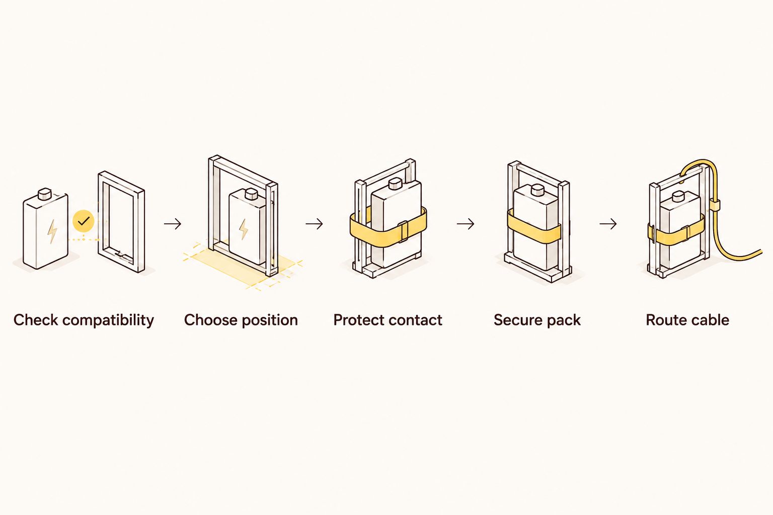 Battery-fitting sequence from checking compatibility to securing the pack and routing its cable