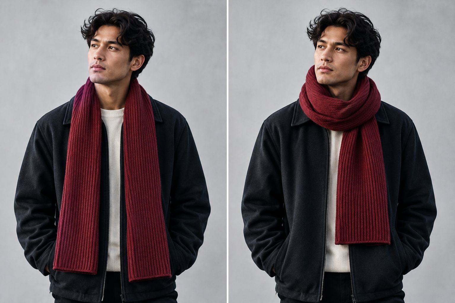 A plain rib-knit scarf shown as a straight drape and a loose loop over an open jacket