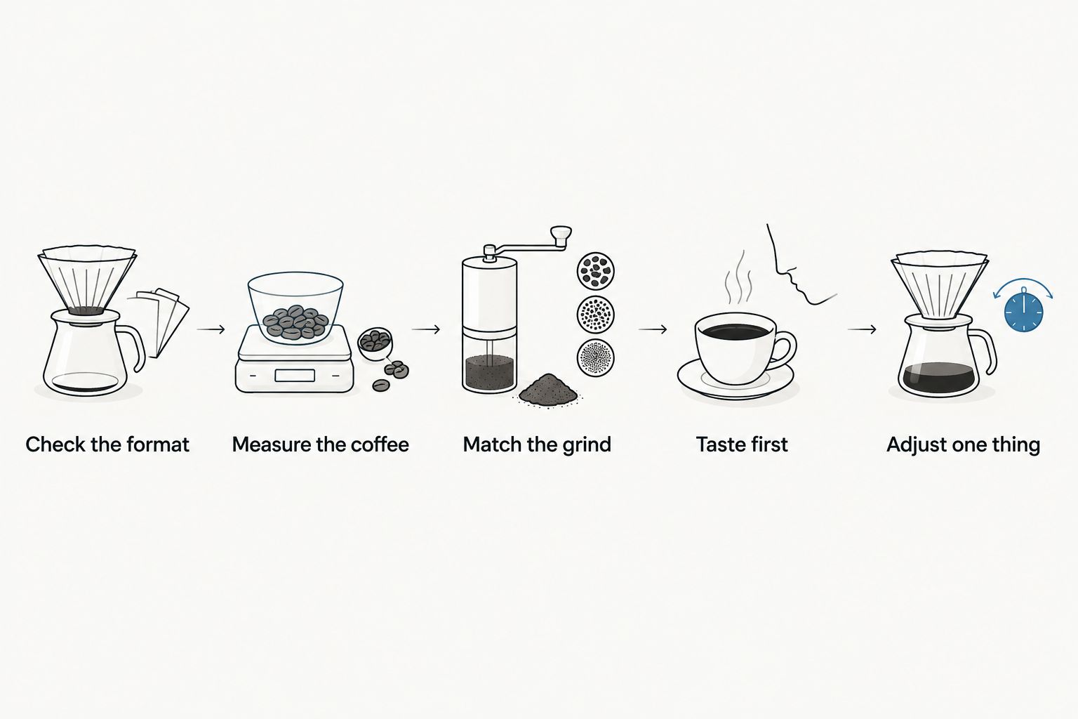 Five steps for choosing the format, measuring coffee, matching grind, tasting, and adjusting.