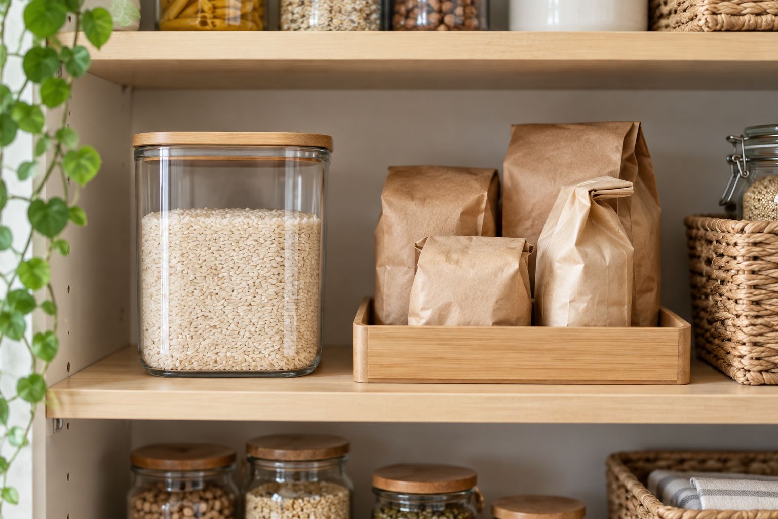 Pantry shelf with an in-use rice container separated from unopened reserve packages