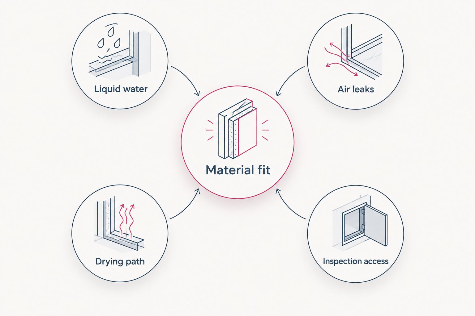 Material fit connects liquid water, air leaks, drying path, and inspection access
