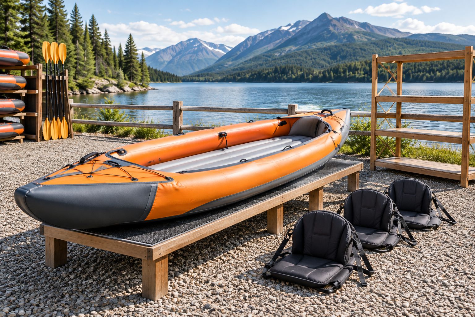 Inflatable kayak and removable seats laid out separately for drying and inspection