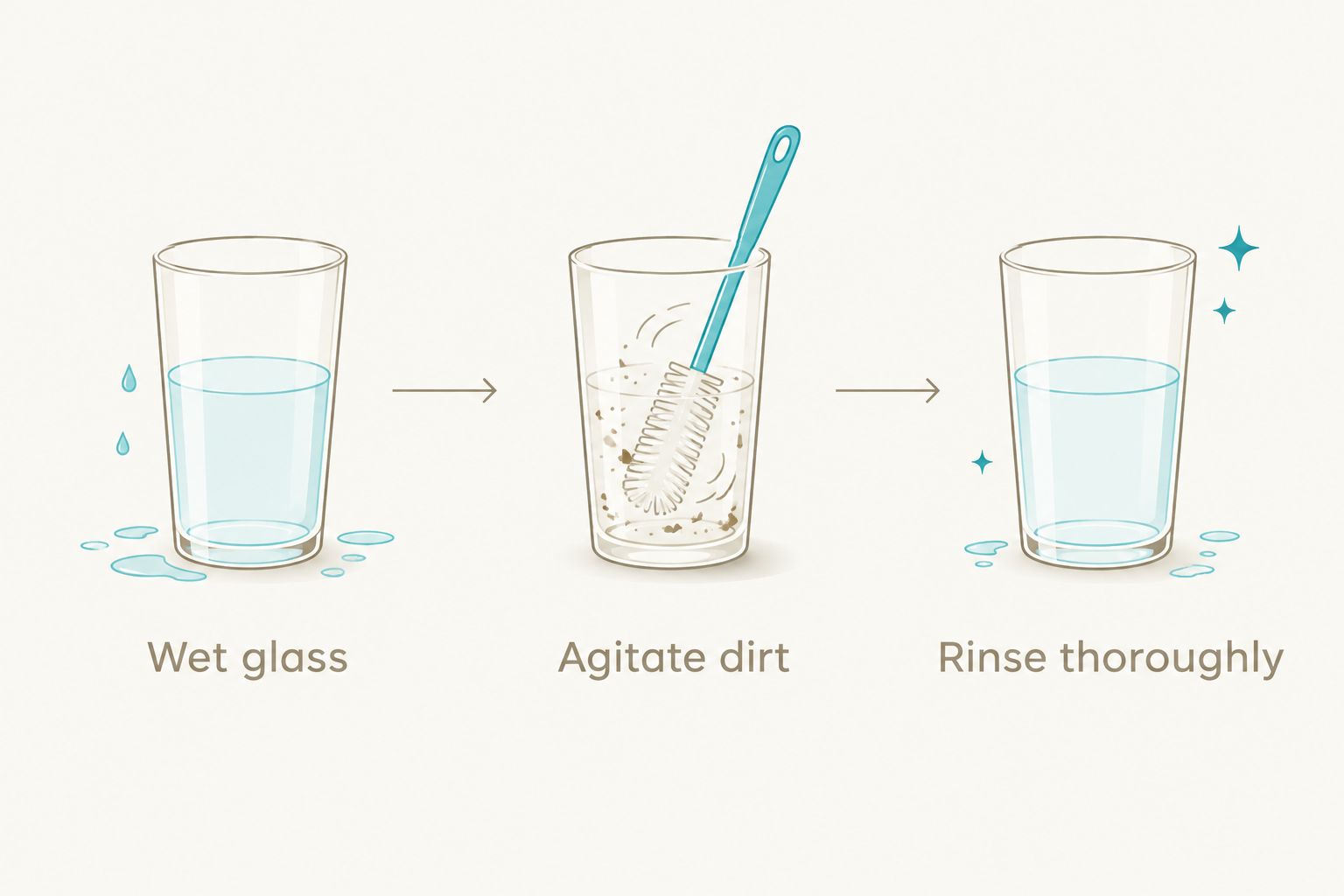 Three exterior window-cleaning stages: wet glass, agitate dirt, and rinse thoroughly
