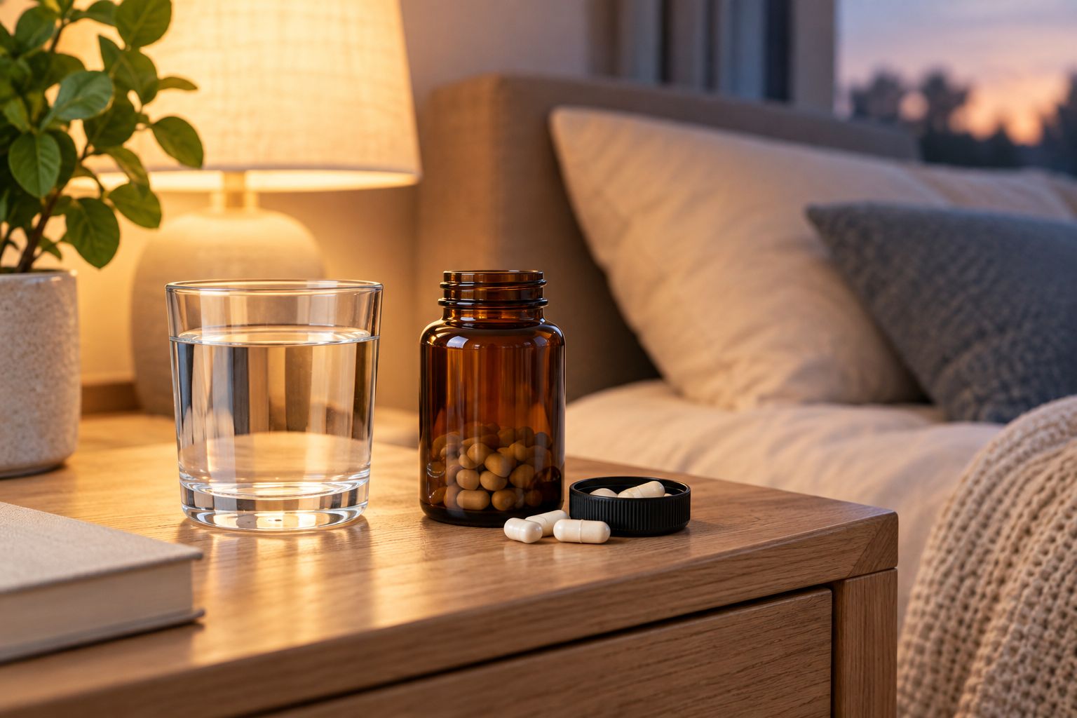 Nightstand scene with water glass and supplement bottle for a bedtime routine