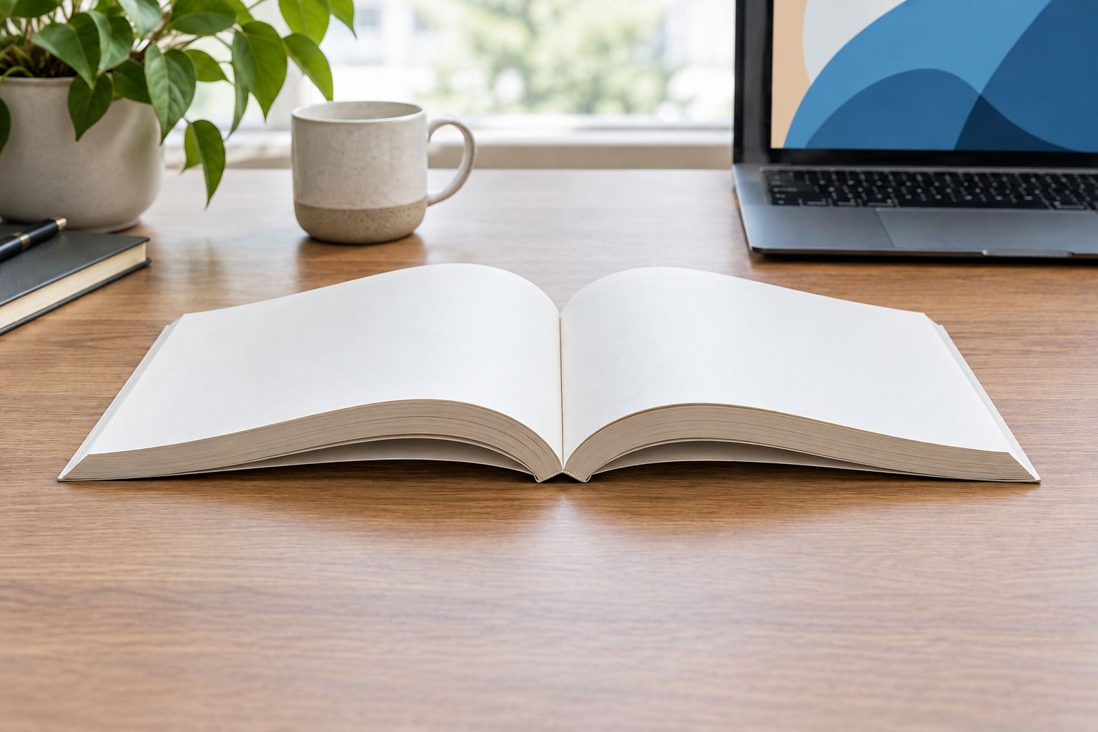 An open paperback with pages curving upward toward the glued spine