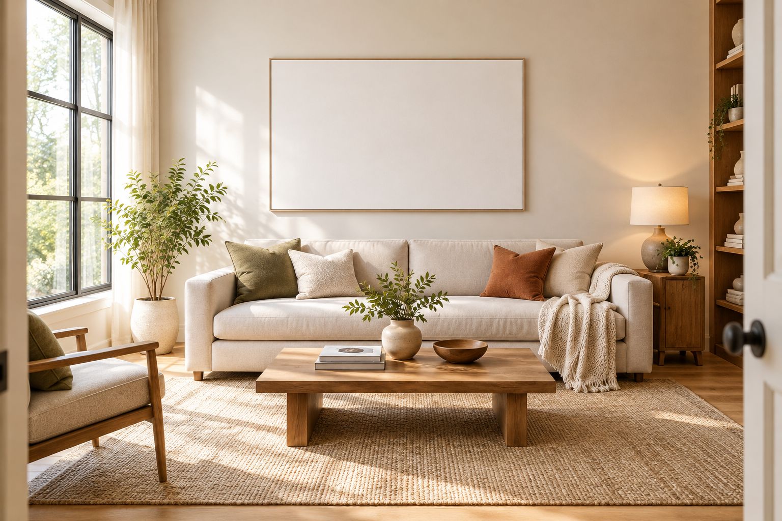 Paper artwork template above a sofa, showing its scale against furniture and a nearby window