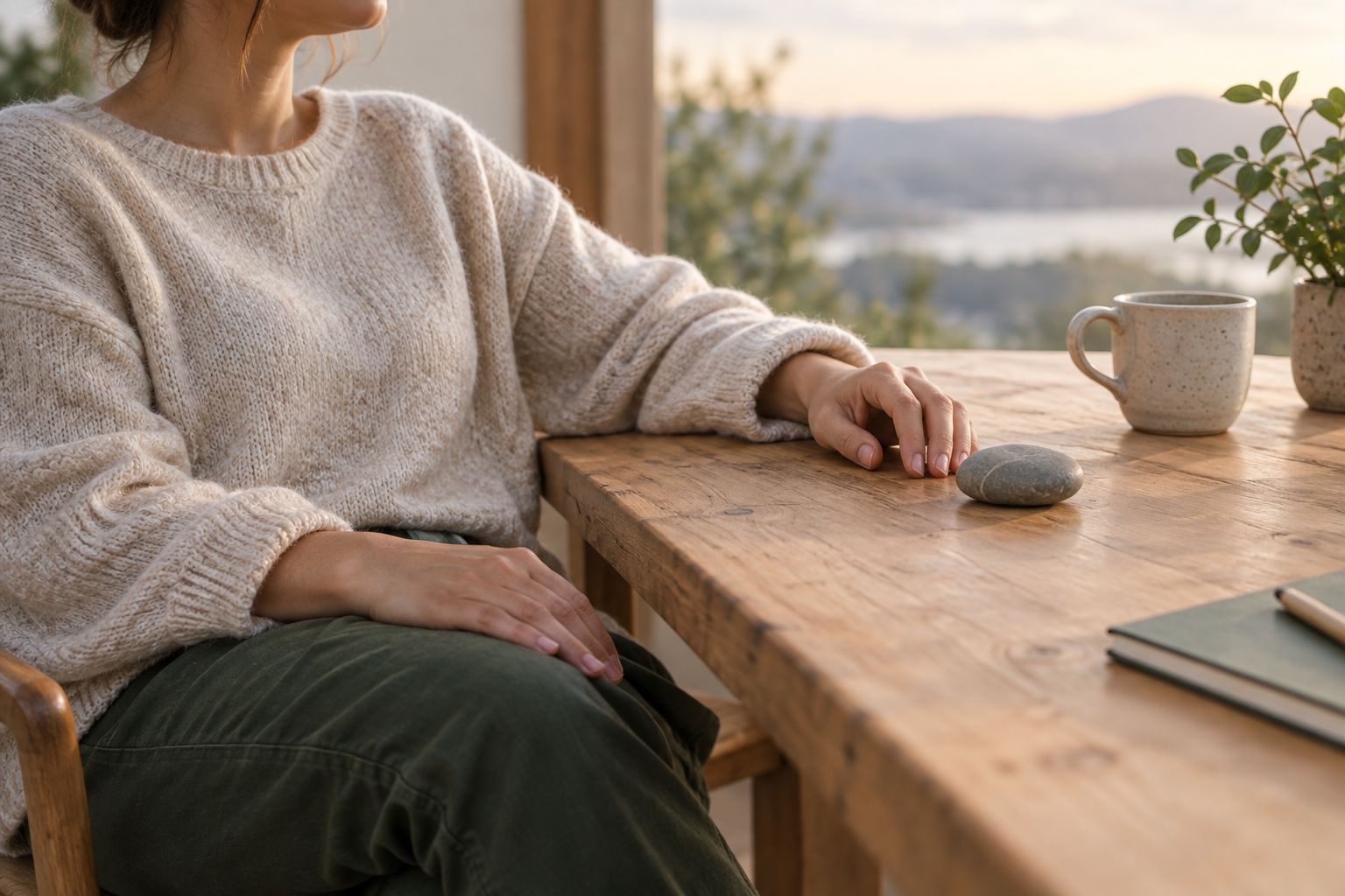 A seated person with a relaxed hand and an optional smooth pebble nearby