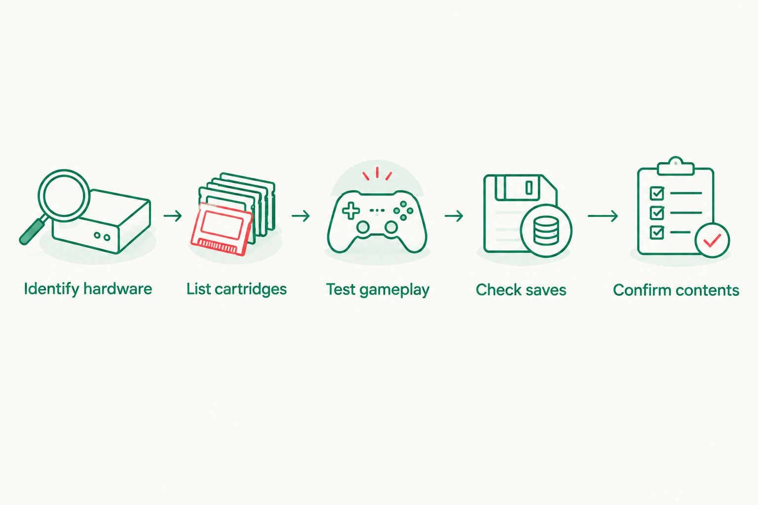 Five checks covering console identification, cartridges, gameplay, saves and bundle contents.