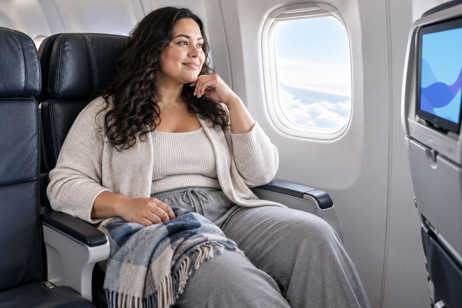 Woman in a cardigan and stretch pants seated on a flight