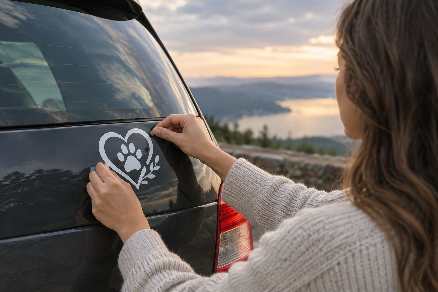 Hands positioning a simple memorial-themed vinyl decal on a car window