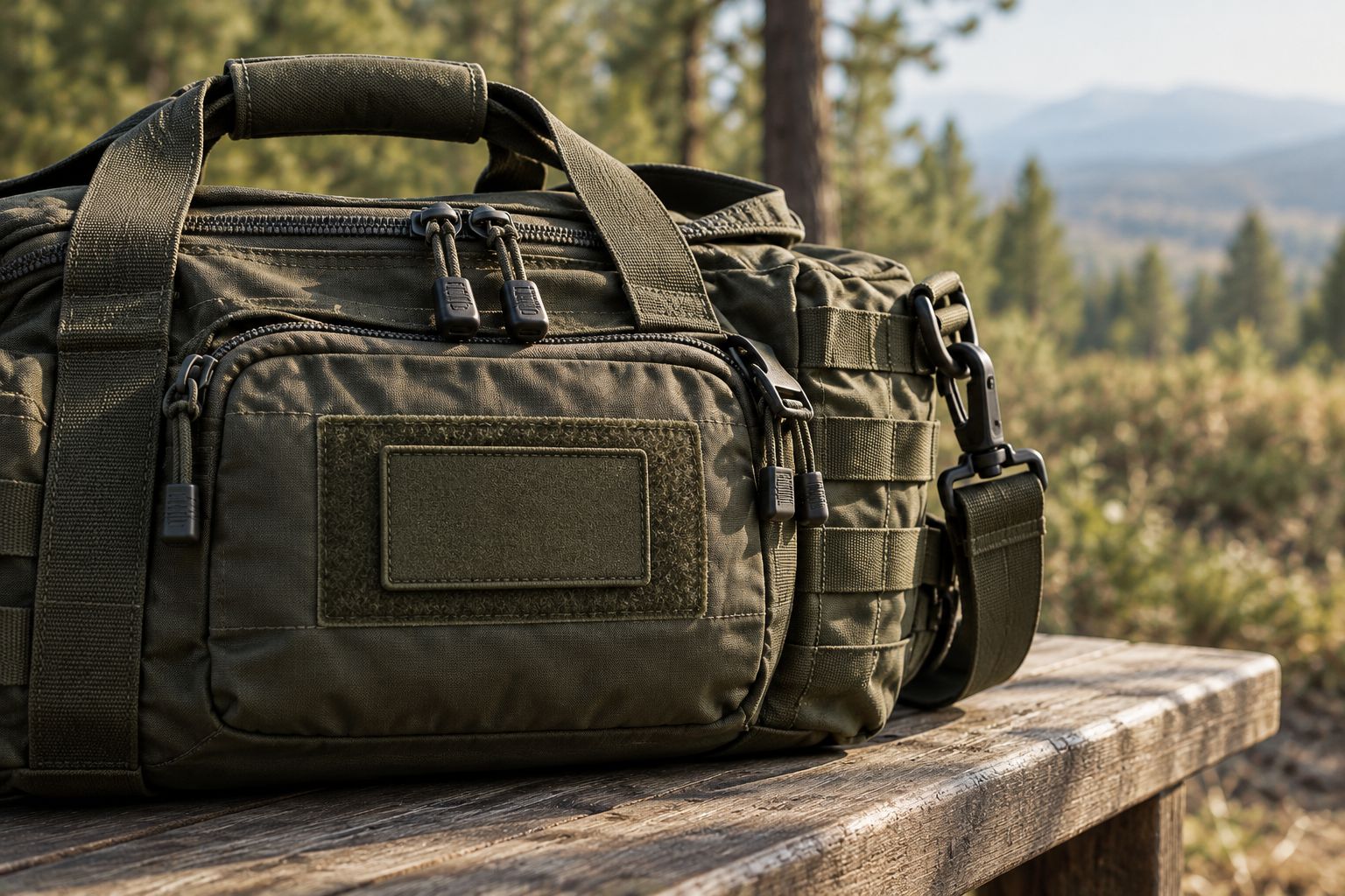 Blank patch fitted within a training bag panel, with handles and zipper pulls unobstructed