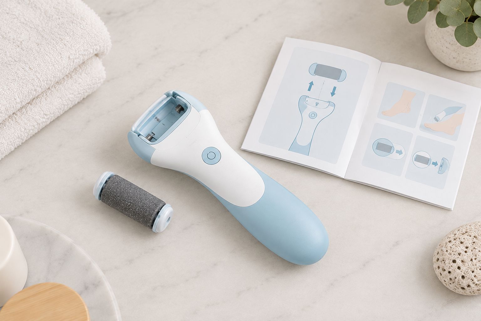 An electric foot file and detached abrasive head on a dry bathroom counter