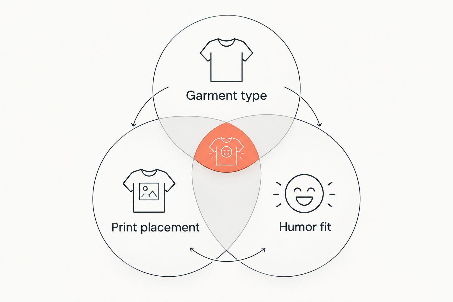 Three overlapping checks for choosing a funny hoodie: garment type, print placement, and humor fit.