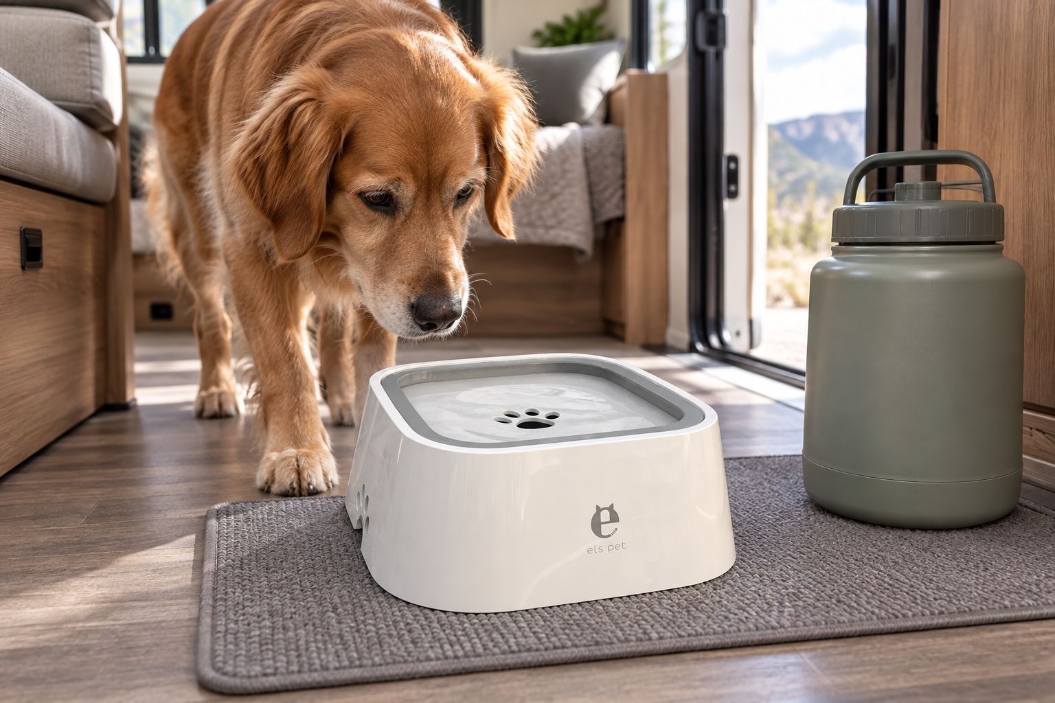 Dog approaching a water bowl on a mat inside a parked RV