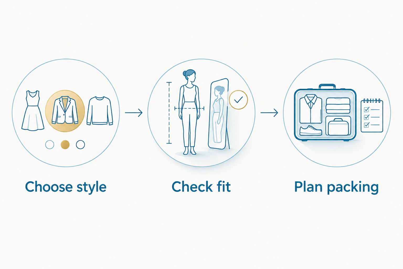 Three souvenir buying checks: choose style, check fit, and plan packing