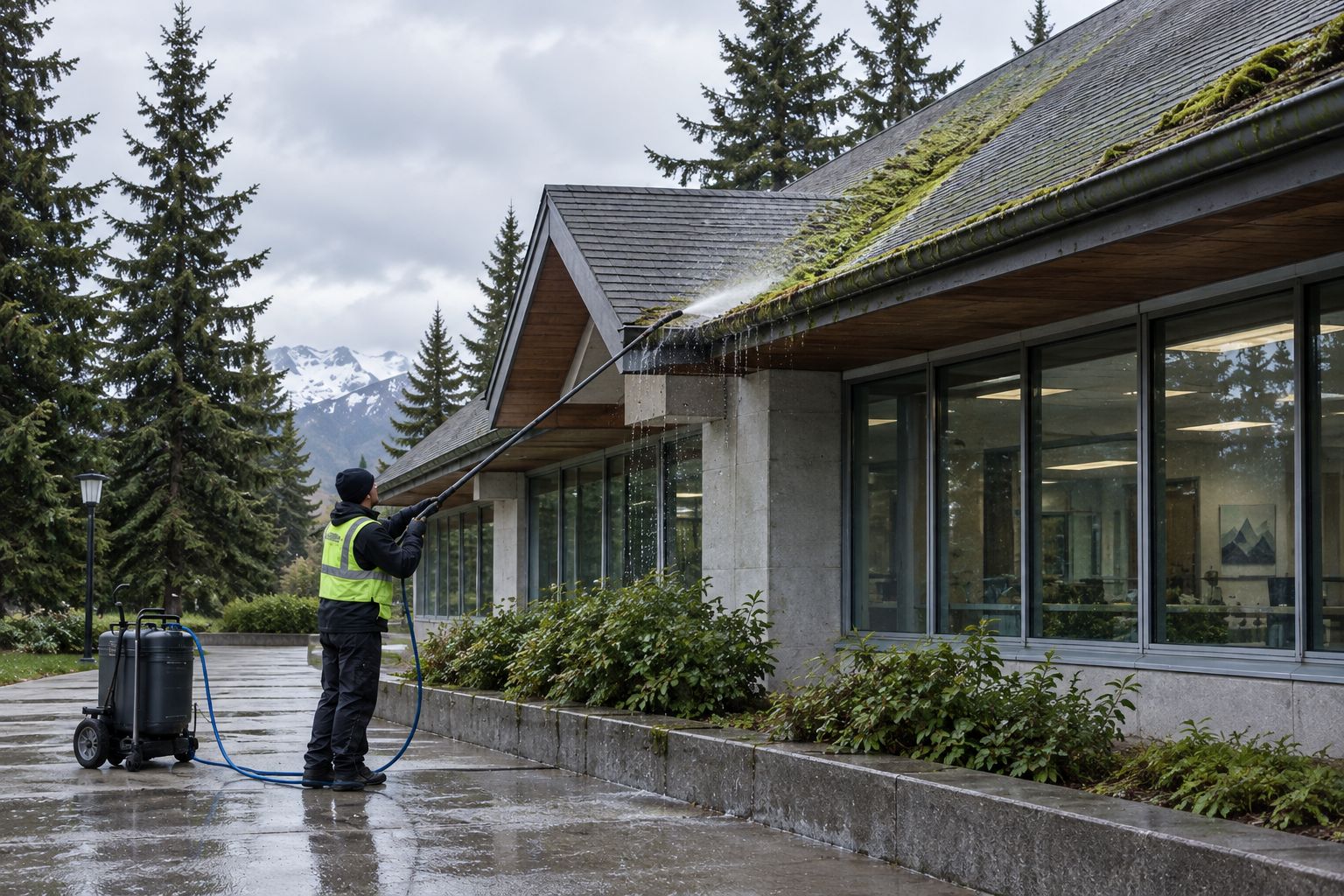 Institutional campus building roof with moss growth on a shaded north-facing section