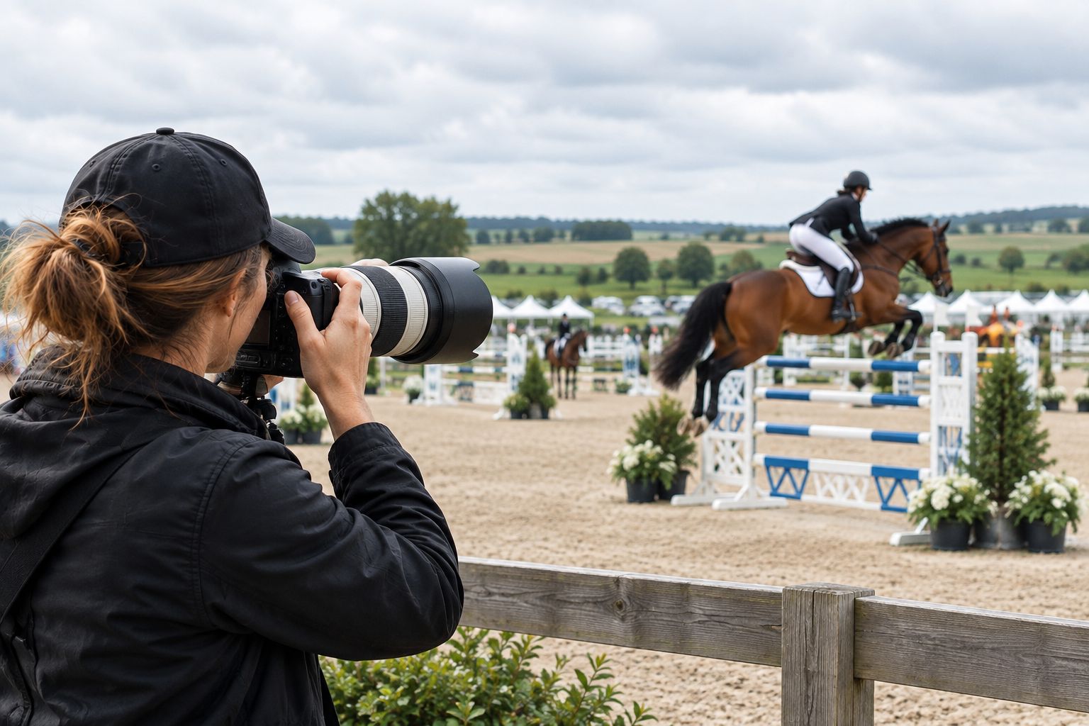 Photographer shooting a horse and rider jumping at an outdoor equestrian show