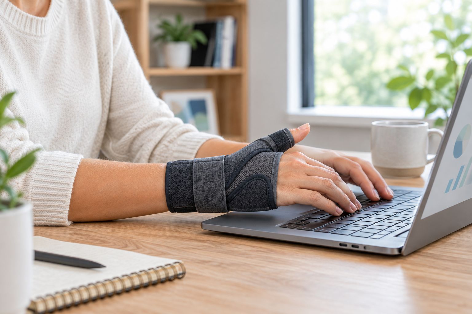 Person wearing a thumb spica splint while typing at a desk