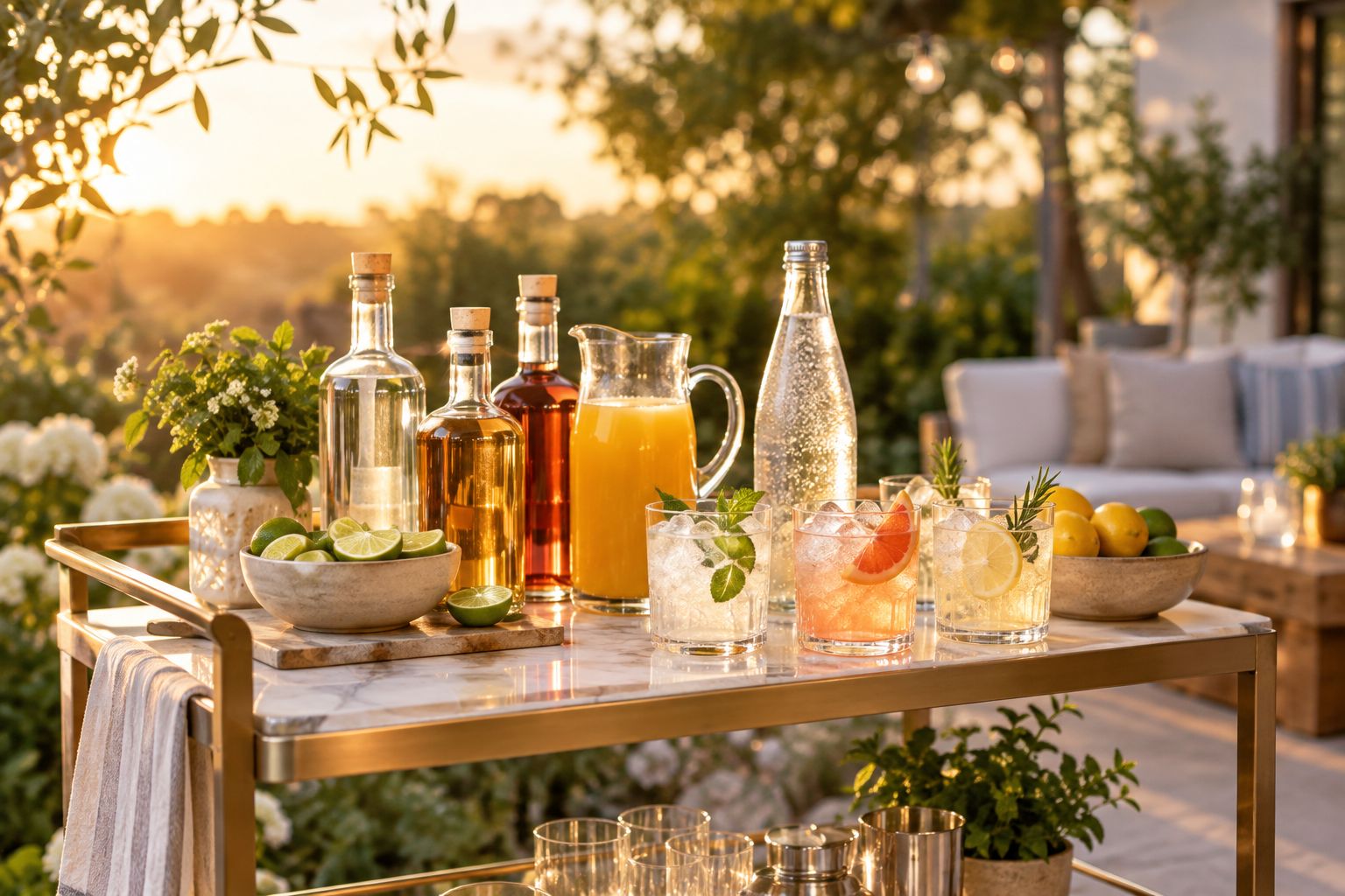 Backyard bar cart set up with spirits, mixers, and citrus garnishes