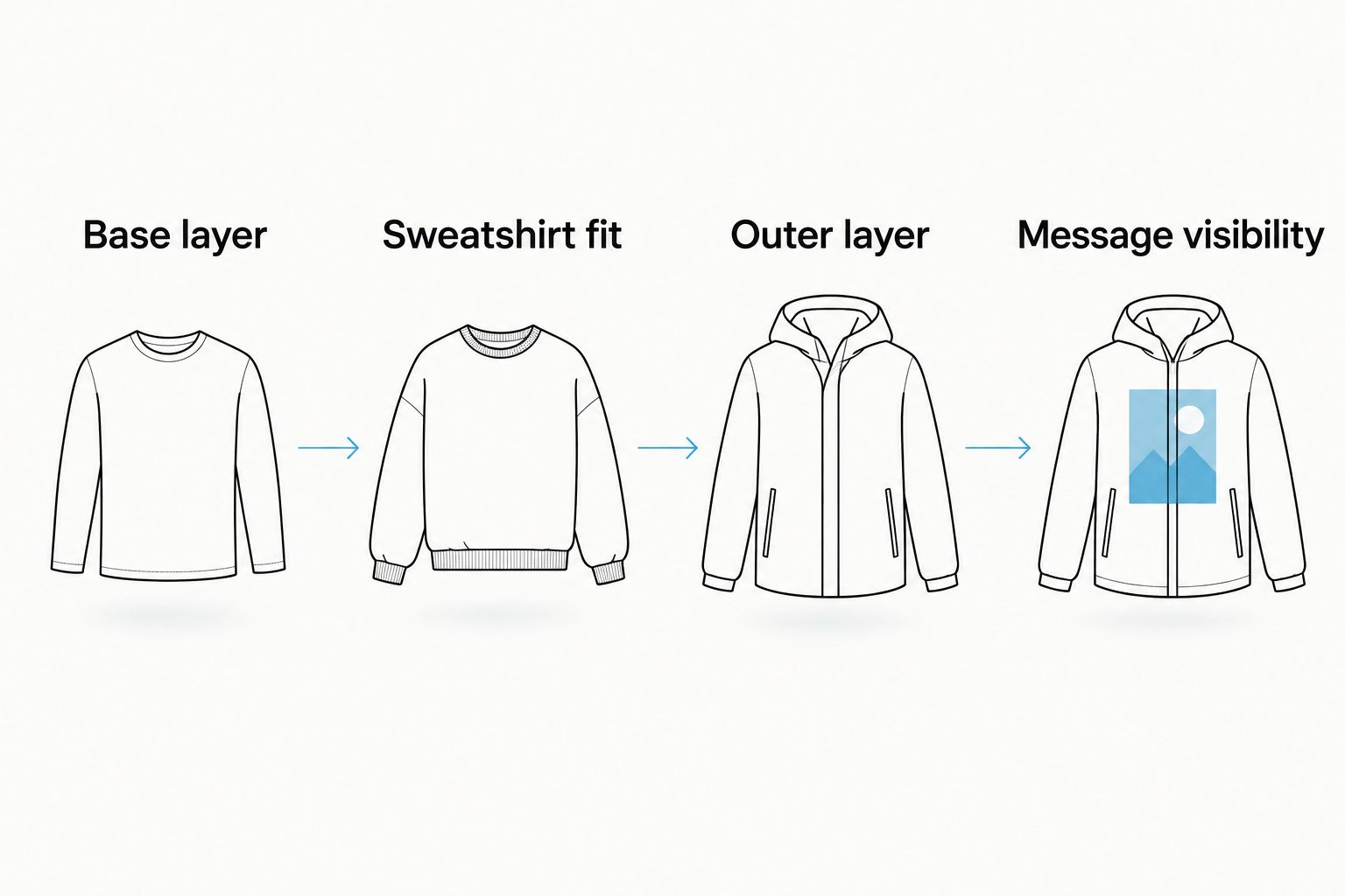 Outfit check covering the base layer, sweatshirt fit, outer layer, and message visibility