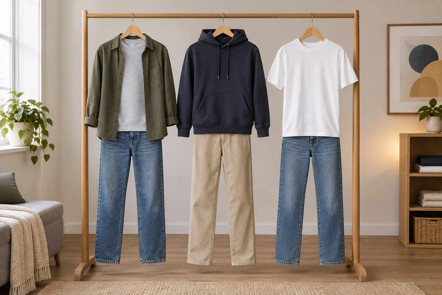 Crewneck, hoodie, and tee outfits paired with everyday jeans and casual trousers