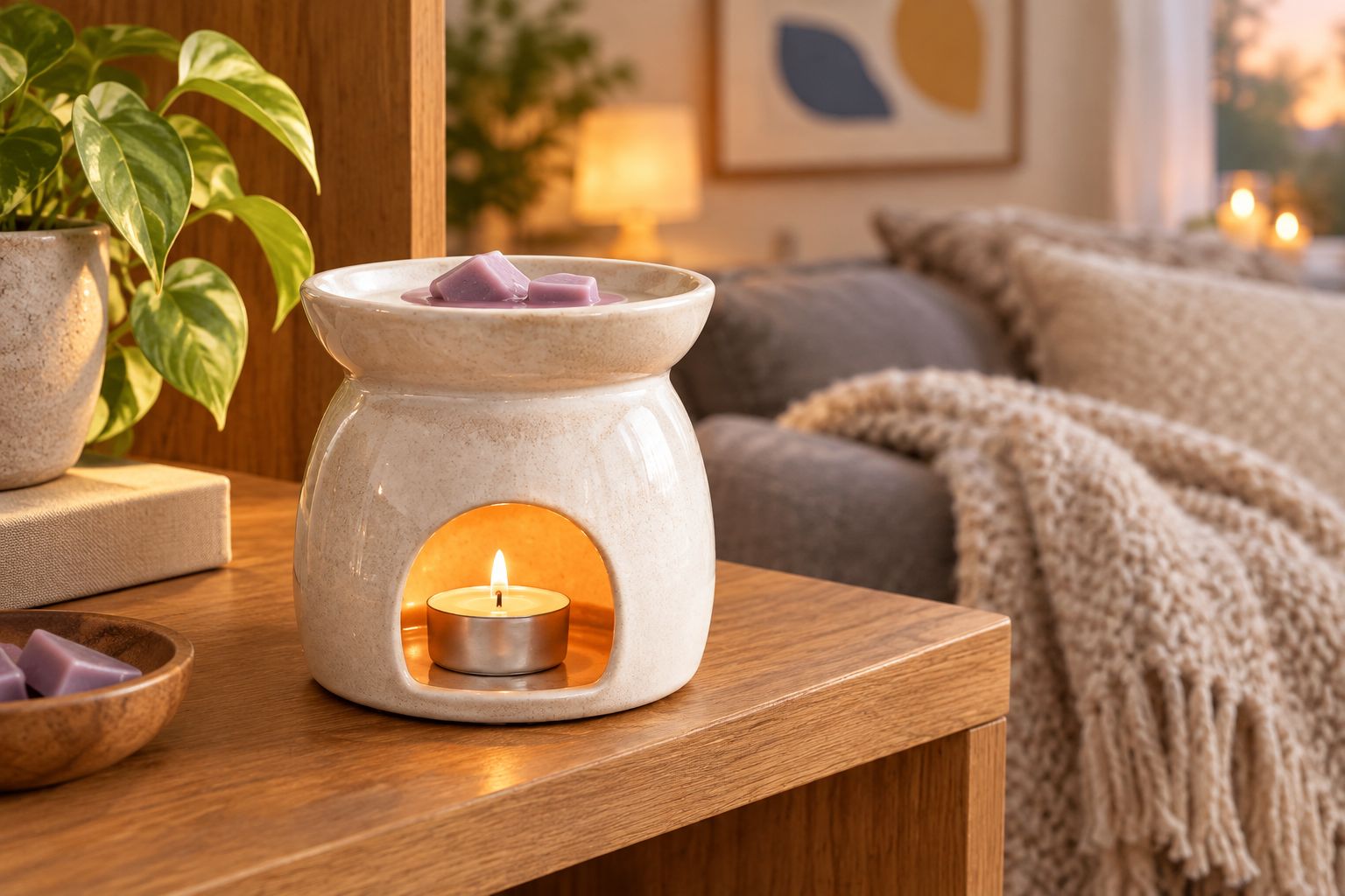 Topitor electric cu doar câteva bucăți de ceară topită într-un living cozy
