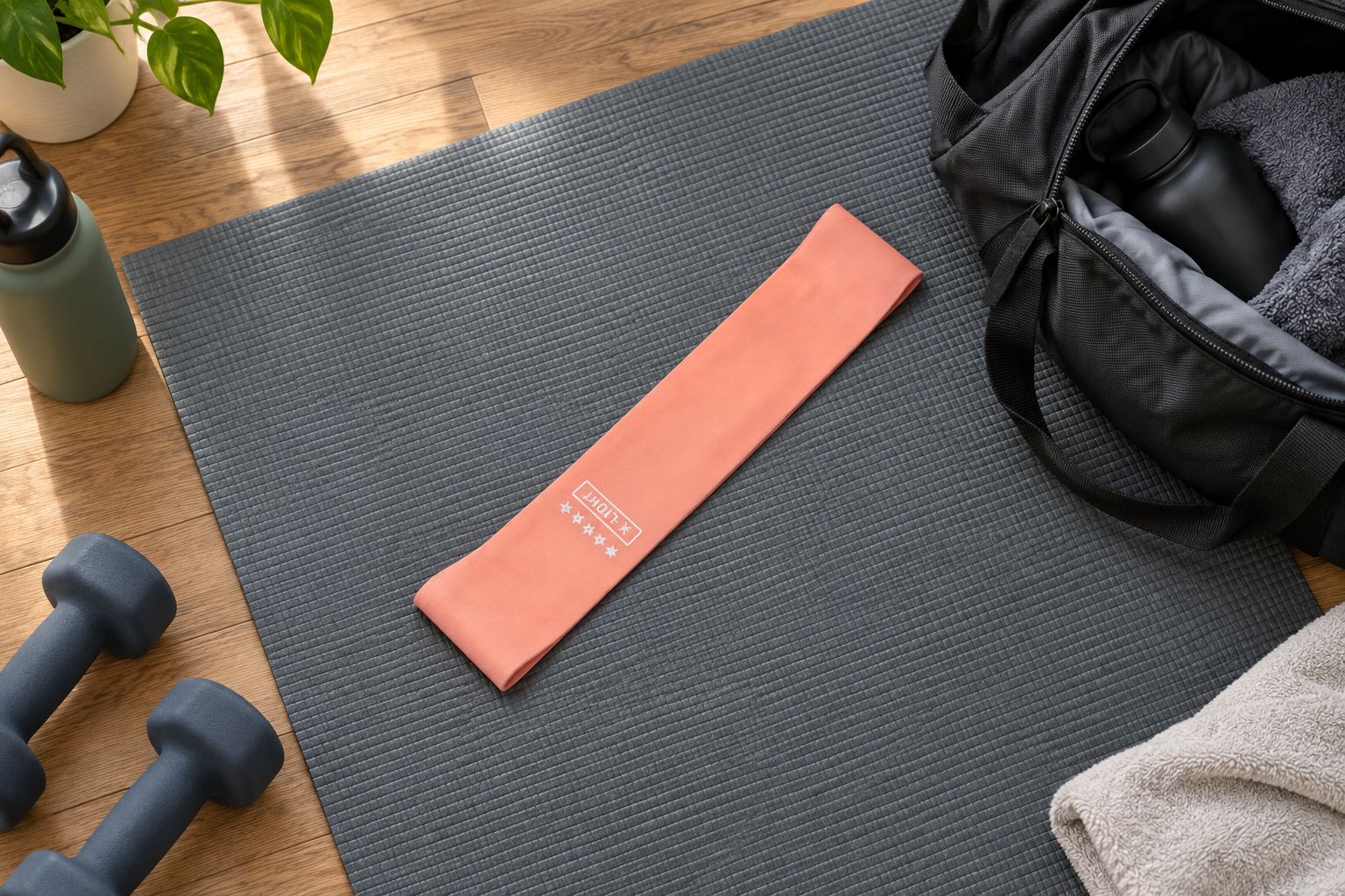 Resistance bands laid out on a home exercise mat beside a gym bag