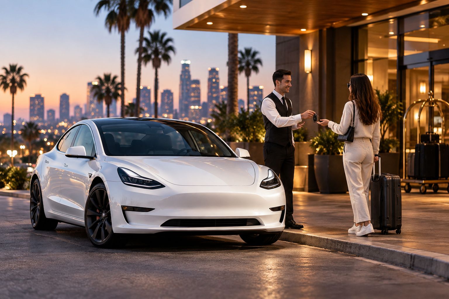 Tesla delivered curbside at a Los Angeles hotel entrance at dusk