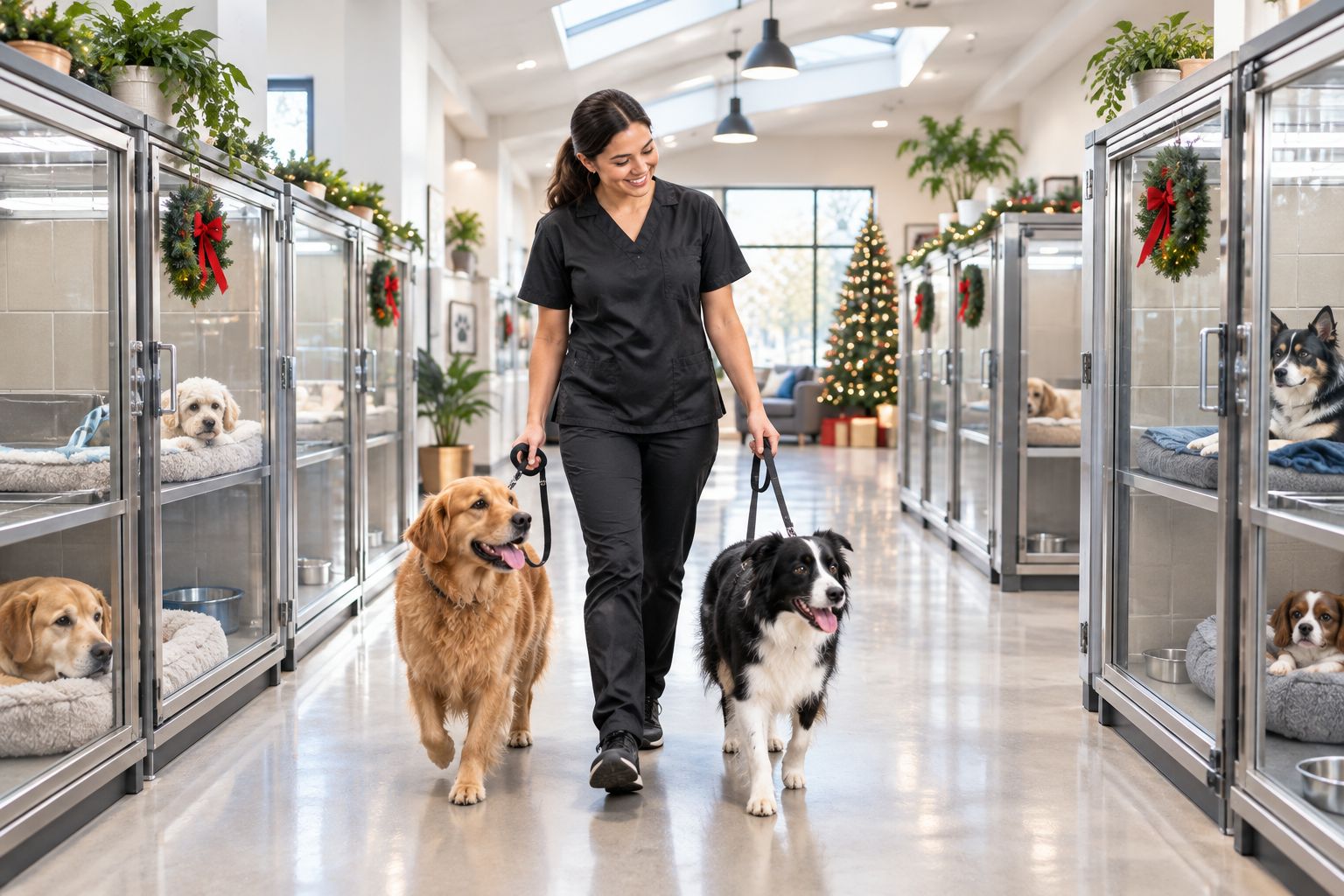 Pet boarding kennel hallway during a busy holiday season
