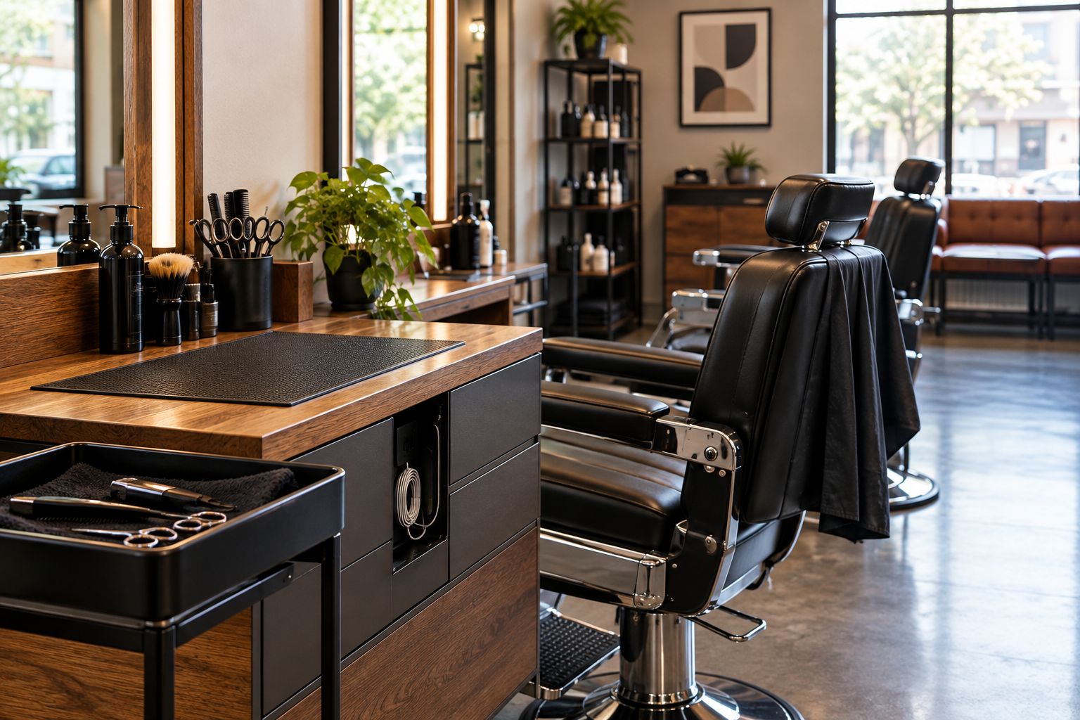 Barber workstation with clear access and separate clean-tool storage